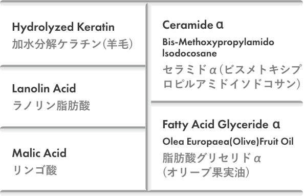 加水分解ケラチン（羊毛）、ラノリン脂肪酸、リンゴ酸、セラミドα(ビスメトキシプロピルアミドイソドコサン)、脂肪酸グリセリドα(オリーブ果実油)
